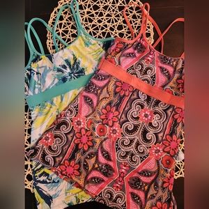 2 Prana Strappy Small Tank Top w/shelf bra Orange Blue Green Multi Climbing Yoga